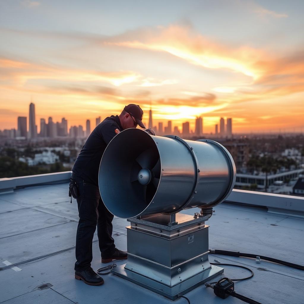 Technician installing rooftop exhaust fan